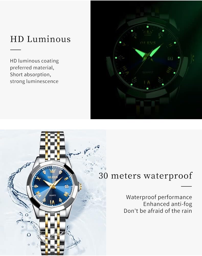 OLEVS Women's Diamond Fashion Elegant Dress Quartz Wrist Watch - Silver Stainless Steel, Waterproof, Luminous - Image 3