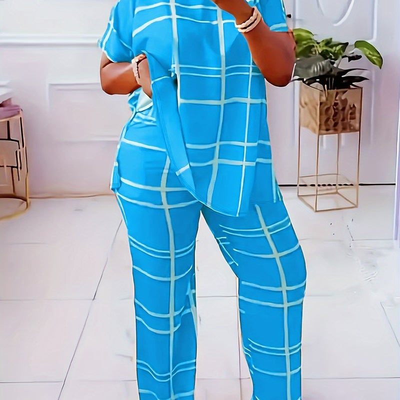 2025 Spring and Summer Cross-Border Special Supply of Foreign Trade Spot Large Size Womens Knitted Plaid Printed Suit Manufacturer Wholesale Color