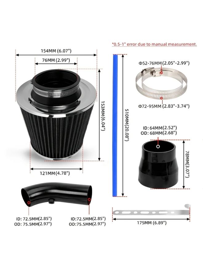 Car Aluminum Silver High Performance Intake Pipe 76mm Mushroom Air Filter Kit For Smooth Cold Air Flow - Image 2
