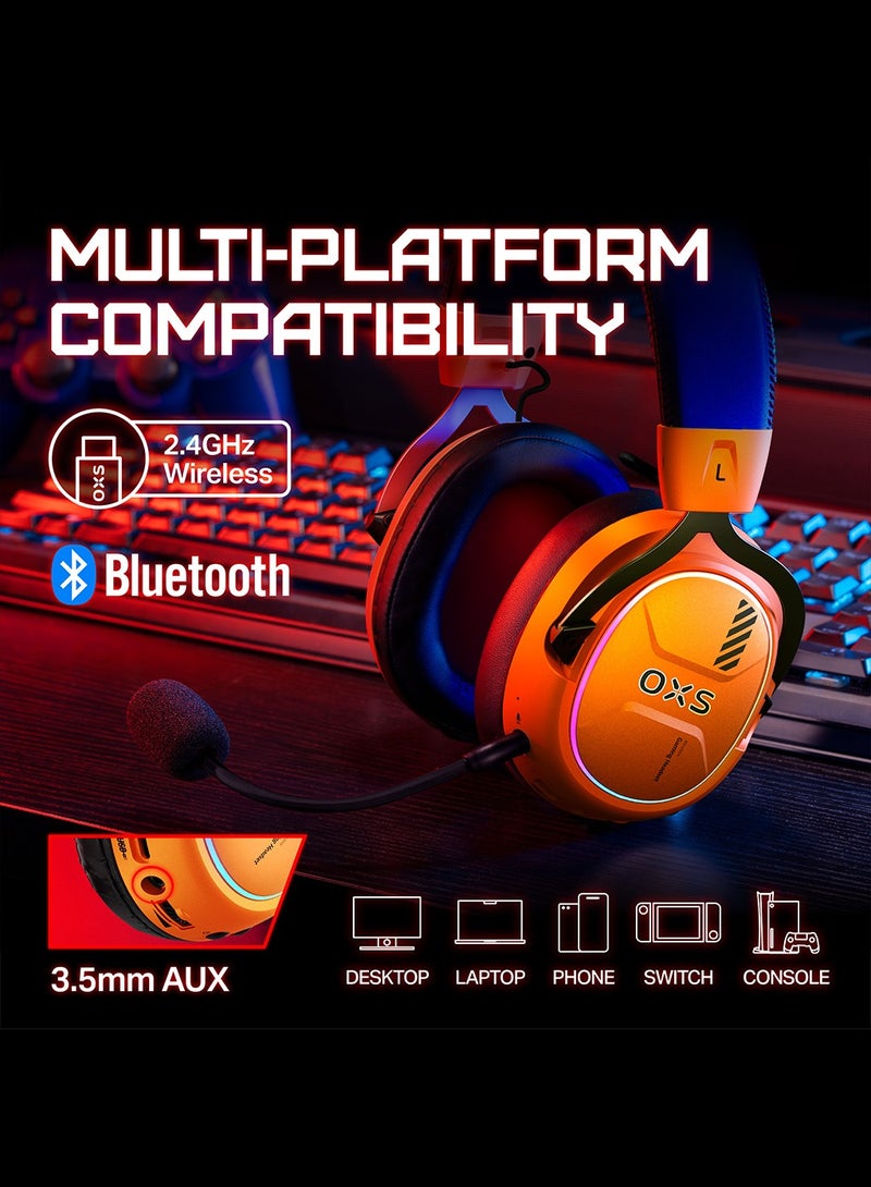 OXS AUDIO سماعة الألعاب اللاسلكية OXS Storm G2، سماعات فوق الأذن، عمر بطارية 40 ساعة مع صوت محيطي افتراضي 7.1، 3 أوضاع EQ، زمن انتقال منخفض 2.4GHz، سائق 50mm، ضوء RGB، بلوتوث 5.3، متوافقة مع الكمبيوتر، وحدة التحكم، الهاتف المحمول - برتقالي - Image 2