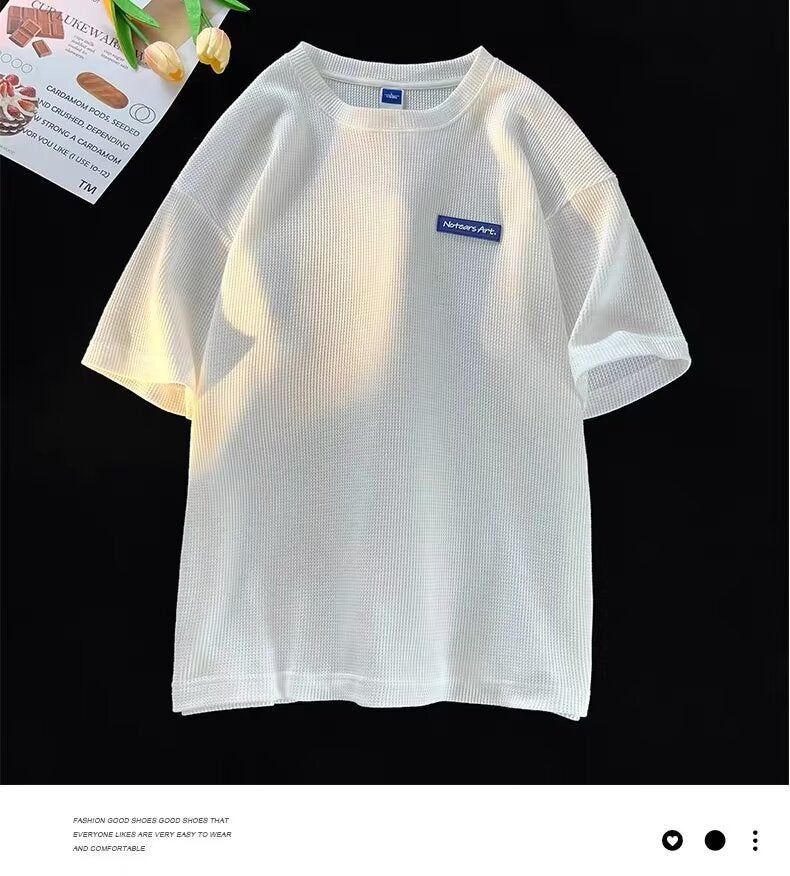 2024 Round Neck Short-Sleeved T-Shirt Wafflet Fashionable Loose T-Shirt Fashionable Brand Small Blue Label Pattern - Image 1