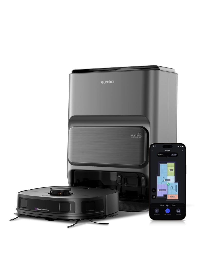 إيوريكا محطة الكل في واحد للمكنسة والممسحة الروبوتية EUREKA، مكنسة وممسحة روبوتية الكل في واحد، اكتشاف العوائق ثلاثية الأبعاد بالذكاء الاصطناعي، تجاوز ذكي للحيوانات الأليفة، اكتشاف السجاد الذكي للسجاد، مثالية ضد شعر الحيوانات الأليفة، تطبيق وتحكم صوتي، J12 أسود - Image 1