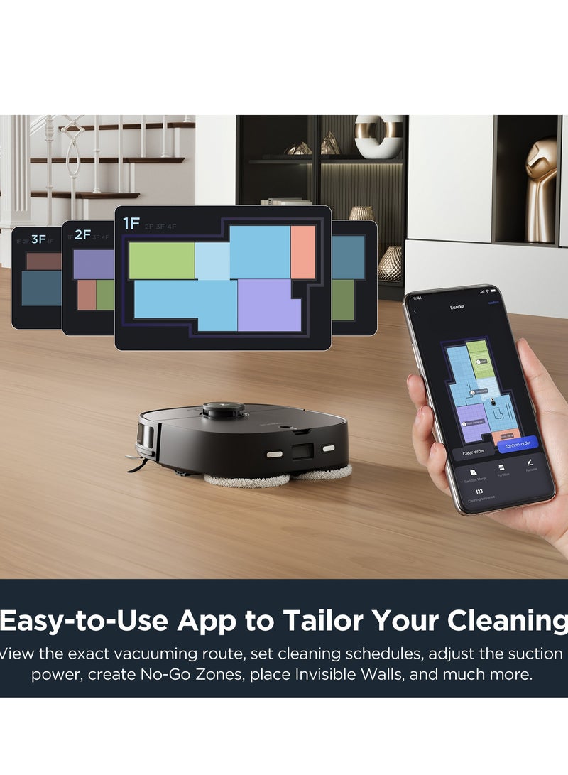 إيوريكا محطة الكل في واحد للمكنسة والممسحة الروبوتية EUREKA، مكنسة وممسحة روبوتية الكل في واحد، اكتشاف العوائق ثلاثية الأبعاد بالذكاء الاصطناعي، تجاوز ذكي للحيوانات الأليفة، اكتشاف السجاد الذكي للسجاد، مثالية ضد شعر الحيوانات الأليفة، تطبيق وتحكم صوتي، J12 أسود - Image 3