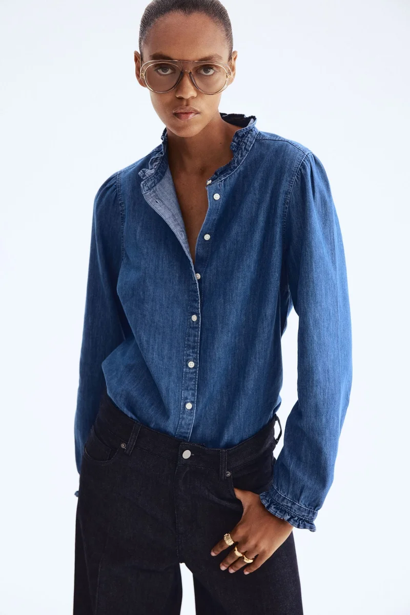 H&M Frill-trimmed denim blouse