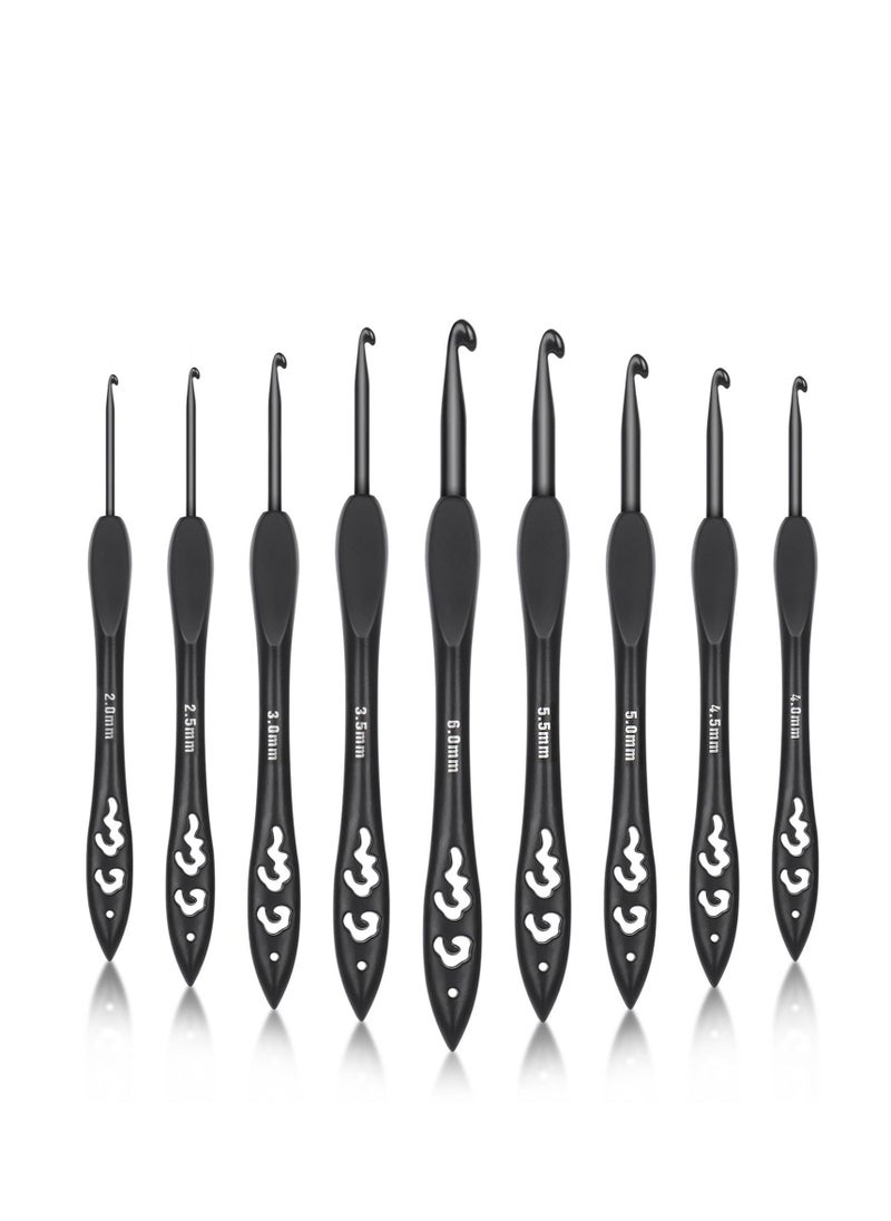 9 Sizes Crochet Hooks, Black Crochet Needles, Ergonomic Soft Grip Aluminum Crochet Hook Set, Lightweight Knitting & Crochet Supplies, for Arthritic Hands Beginners Kids Adults 2.0mm(B)-6.0mm(J) - Image 1