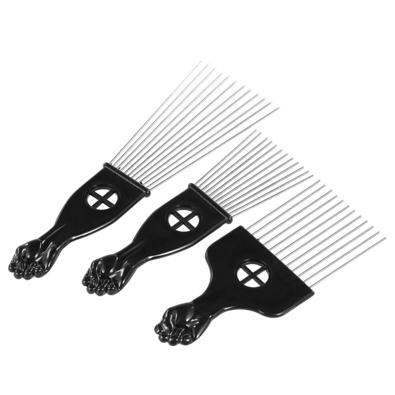 Afro Comb: 3 Pcs Metal Wide Teeth - Classic Black Fist Design Pick Comb for Curly Afro Hair DIY Hairstyling - Image 2