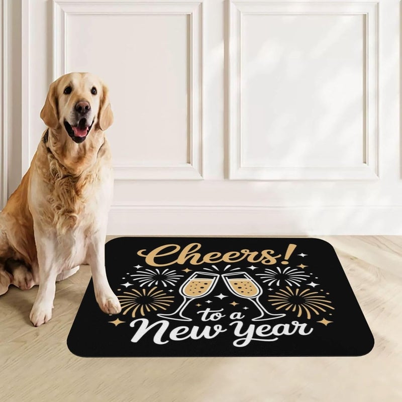 Non Slip Mat for Dog Pet Cat Dog Food Mats Cheers to A New Year Champagne Flutes Black Fireworks Stars Water Bowl Mat Quick Dry Absorbent Cat Feeding Mats 24x16In - Image 1