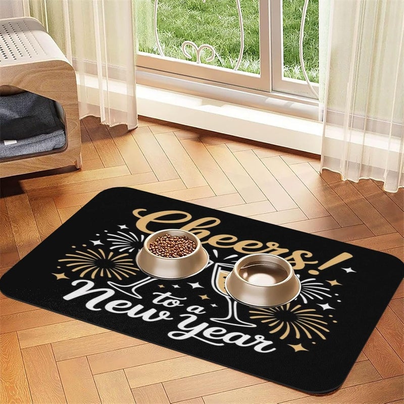 Non Slip Mat for Dog Pet Cat Dog Food Mats Cheers to A New Year Champagne Flutes Black Fireworks Stars Water Bowl Mat Quick Dry Absorbent Cat Feeding Mats 24x16In - Image 2
