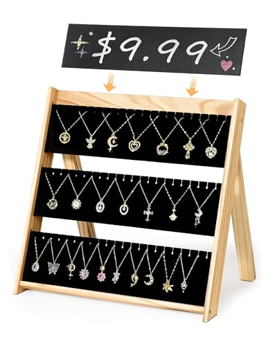 BS-VOG Necklace Display for Vendors, Foldable Jewelry Display Stand for Selling 66 Necklaces, 3-Tier Wood Jewelry Holder Storage Organizer with Black Velvet for Craft Shows & Boutiques - Image 1