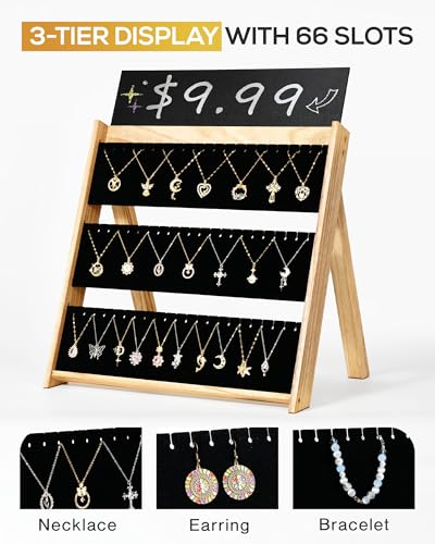 BS-VOG Necklace Display for Vendors, Foldable Jewelry Display Stand for Selling 66 Necklaces, 3-Tier Wood Jewelry Holder Storage Organizer with Black Velvet for Craft Shows & Boutiques - Image 4