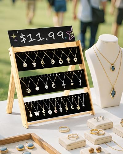 BS-VOG Necklace Display for Vendors, Foldable Jewelry Display Stand for Selling 66 Necklaces, 3-Tier Wood Jewelry Holder Storage Organizer with Black Velvet for Craft Shows & Boutiques - Image 2