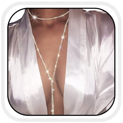 Nicute Rhinestone Long Necklace Sparkly Crystal Choker Necklaces Sexy Necklace Jewelry for Women Silver - Image 1