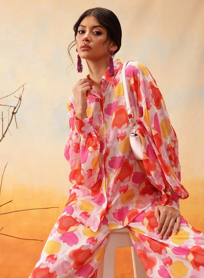 STREET 9 STREET 9 Orange Floral Print Shirt and Trousers Co-Ords