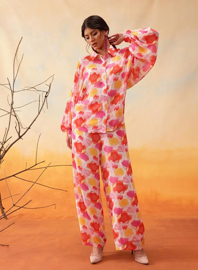 STREET 9 Orange Floral Print Shirt and Trousers Co-Ords