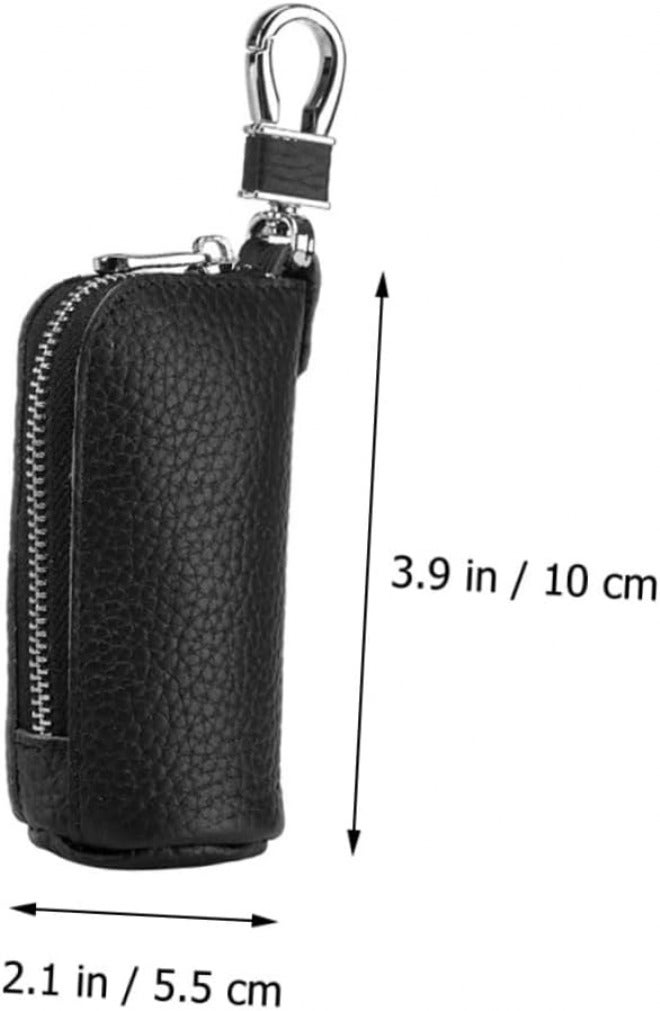 Key Fob Holder Soft Leather Key Case Zipper and Stylish Wallet for Home and Auto Black - Image 2