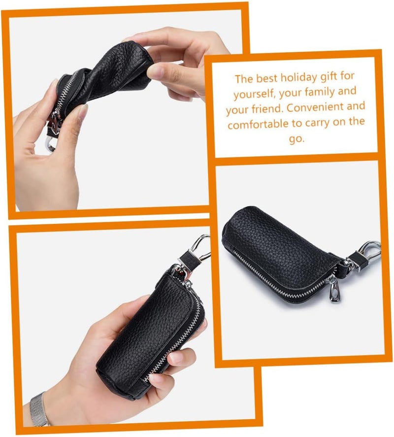 Key Fob Holder Soft Leather Key Case Zipper and Stylish Wallet for Home and Auto Black - Image 5