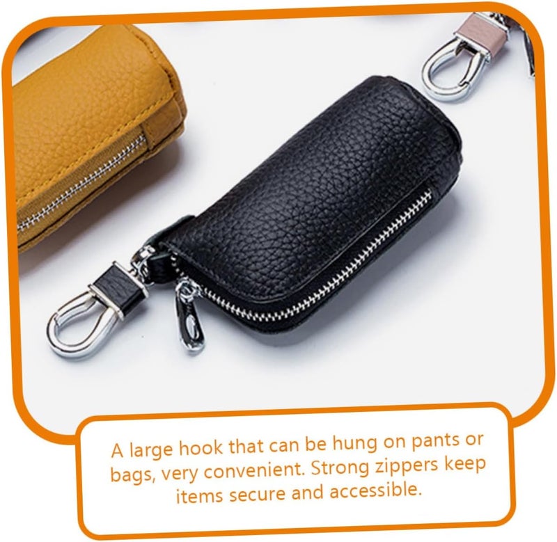 Key Fob Holder Soft Leather Key Case Zipper and Stylish Wallet for Home and Auto Black - Image 3
