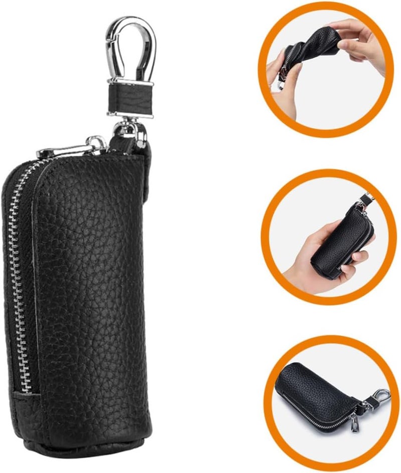 Key Fob Holder Soft Leather Key Case Zipper and Stylish Wallet for Home and Auto Black - Image 1