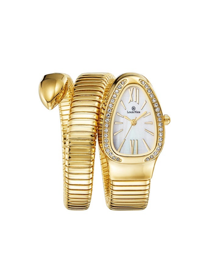 louis nice A women's watch with a "snake" design from Louis Nice, featuring a water-resistant case and mother-of-pearl dial, inspired by Bulgari's famous design.