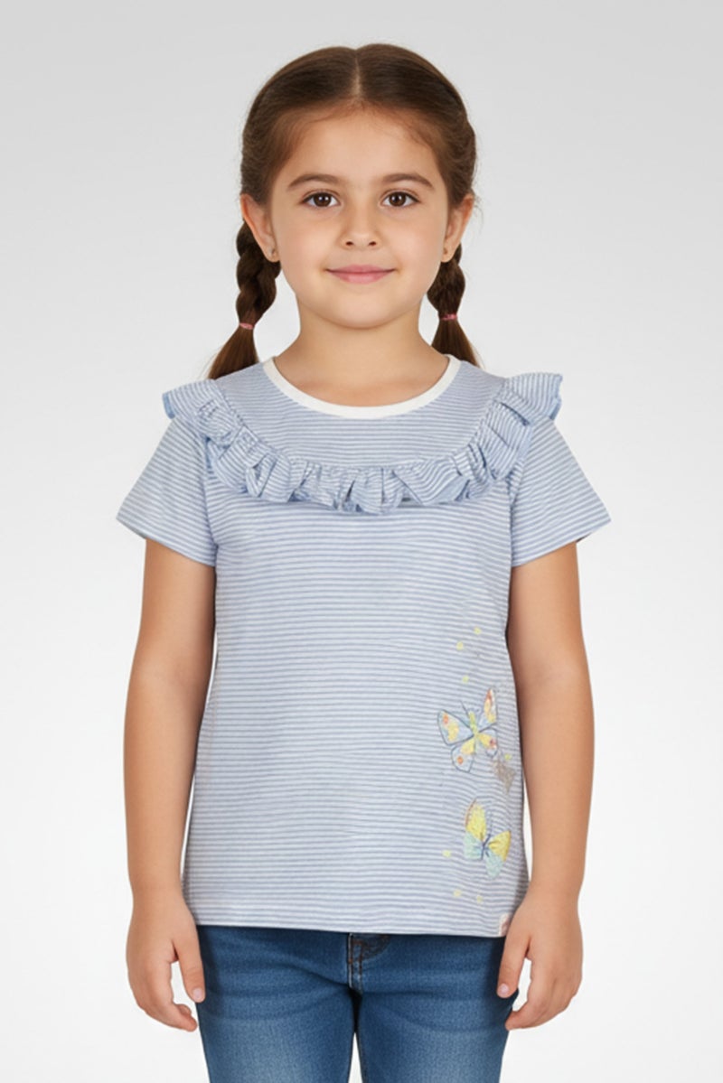 Hamleys Toddlers Girl Round Neck Short Sleeve Stripe Butterfly Top, Blue - Image 1