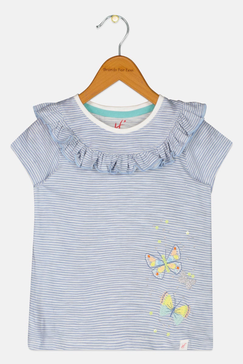 Hamleys Toddlers Girl Round Neck Short Sleeve Stripe Butterfly Top, Blue - Image 3