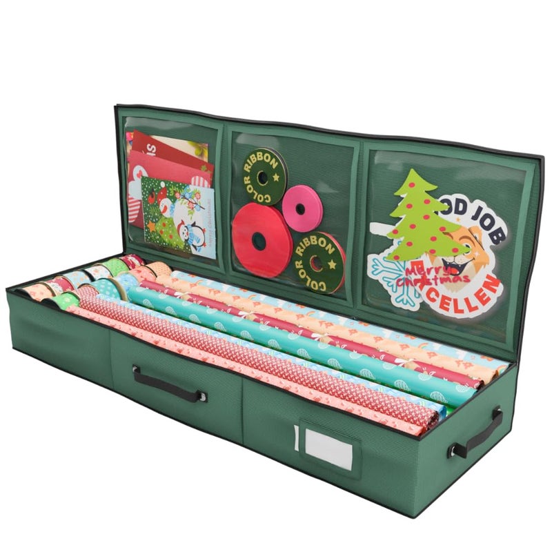 Primode Wrapping Paper Storage Container Gift Wrap Organizer Under Bed 41x14x6 Box Holder for 1824 Rolls Up to 40 600D Oxford Material Pockets for Ribbon Bows and Accessories Green