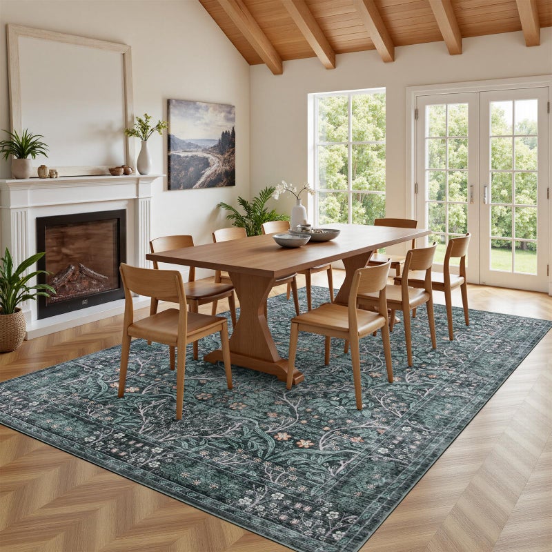 WEZVIX 8x10 Retro Green Area Rug,Washable Living Room Floral Large Rug for Dining Room Entryway Farmhouse Nursery Home Officeï¼ŒLow Pile Stain & Slip Resistant Carpet for Bedroom - Image 4