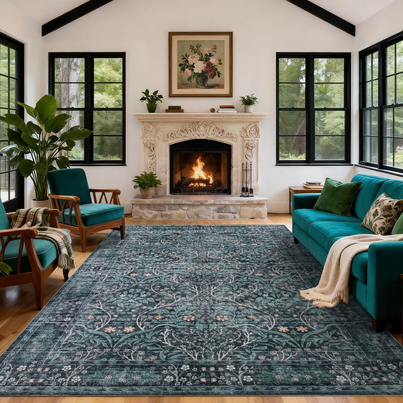 WEZVIX 8x10 Retro Green Area Rug,Washable Living Room Floral Large Rug for Dining Room Entryway Farmhouse Nursery Home Officeï¼ŒLow Pile Stain & Slip Resistant Carpet for Bedroom - Image 2