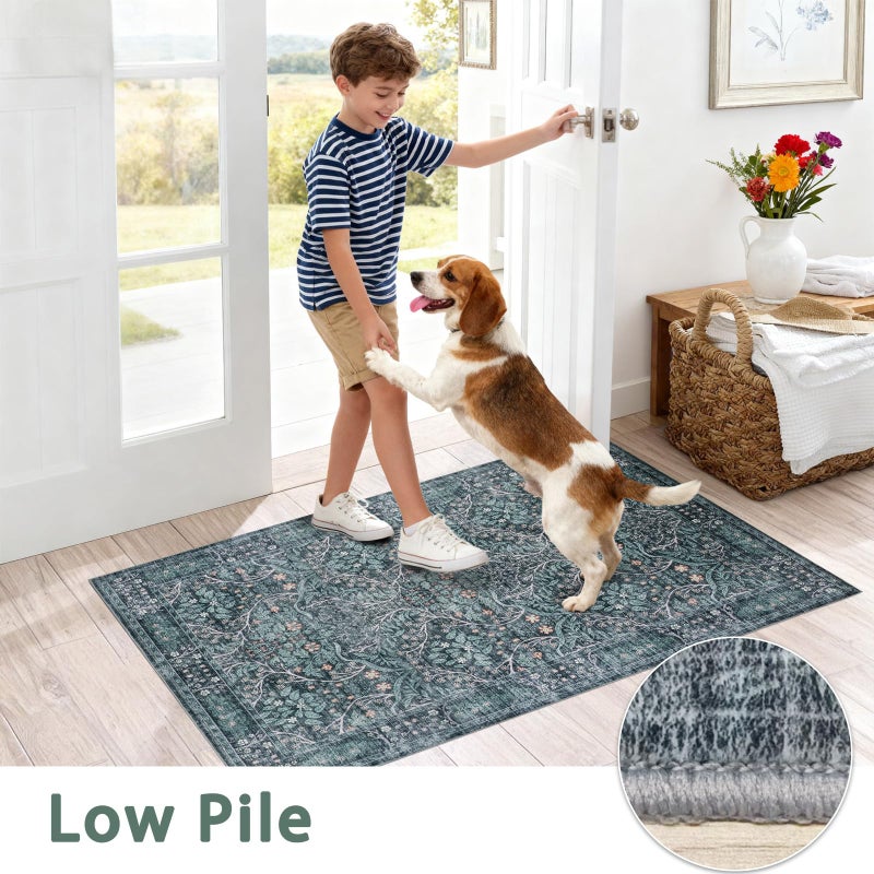 WEZVIX 8x10 Retro Green Area Rug,Washable Living Room Floral Large Rug for Dining Room Entryway Farmhouse Nursery Home Officeï¼ŒLow Pile Stain & Slip Resistant Carpet for Bedroom - Image 5