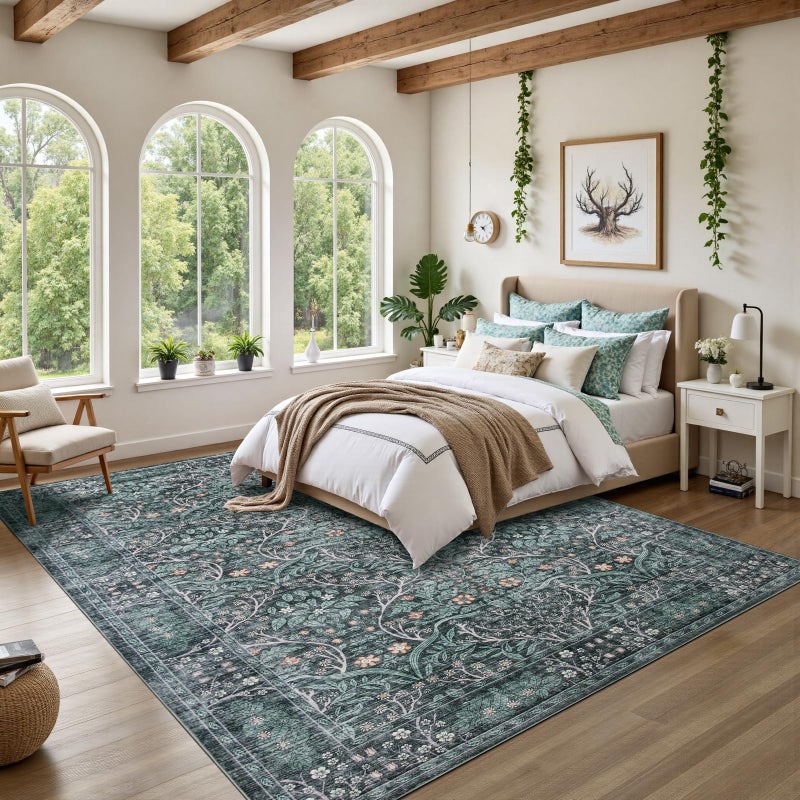 WEZVIX 8x10 Retro Green Area Rug,Washable Living Room Floral Large Rug for Dining Room Entryway Farmhouse Nursery Home Officeï¼ŒLow Pile Stain & Slip Resistant Carpet for Bedroom - Image 3