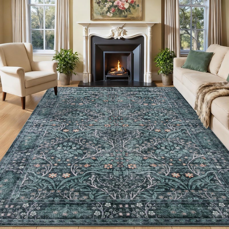WEZVIX 8x10 Retro Green Area Rug,Washable Living Room Floral Large Rug for Dining Room Entryway Farmhouse Nursery Home Officeï¼ŒLow Pile Stain & Slip Resistant Carpet for Bedroom - Image 1