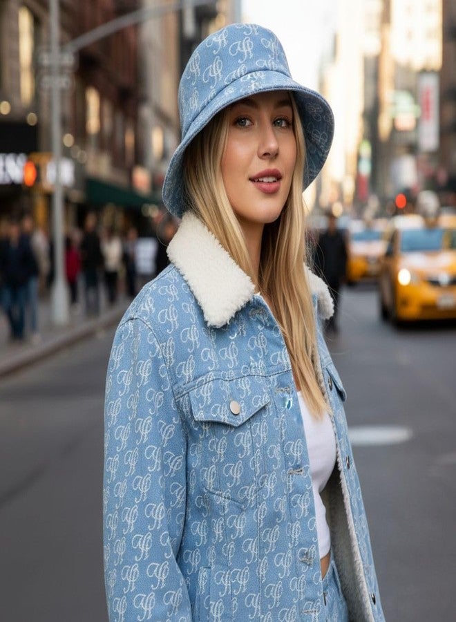 yushe Stylish Bucket Hat with Gold Monogram Pattern Blue Fashion Accessory (Light Blue) - Image 4