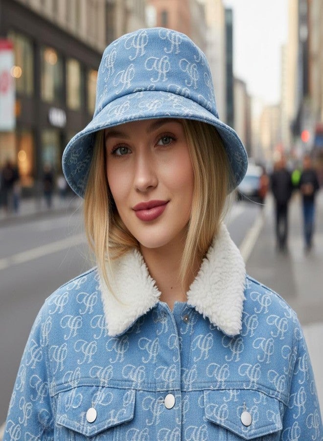 yushe Stylish Bucket Hat with Gold Monogram Pattern Blue Fashion Accessory (Light Blue) - Image 2