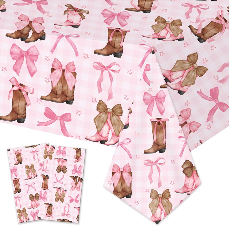 umoni Coquette Bow Cowgirl Tablecloth 2PCS Western Cowgirl Birthday Party Supplies Pink Bowknot Boots Rodeo Bachelorette Party Table Cover for Wild West Baby Shower Decor - Image 1