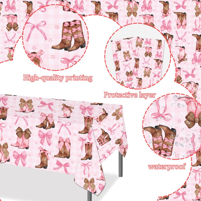 umoni Coquette Bow Cowgirl Tablecloth 2PCS Western Cowgirl Birthday Party Supplies Pink Bowknot Boots Rodeo Bachelorette Party Table Cover for Wild West Baby Shower Decor - Image 4