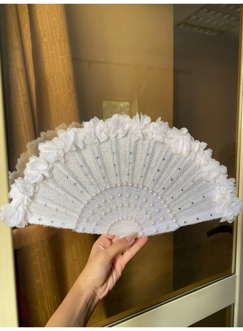 Luxury White Bridal Fan - Adorned with sparkling rhinestones and delicate roses, this unique and elegant piece will add a magical touch to the bride's look on her special day. - Image 4