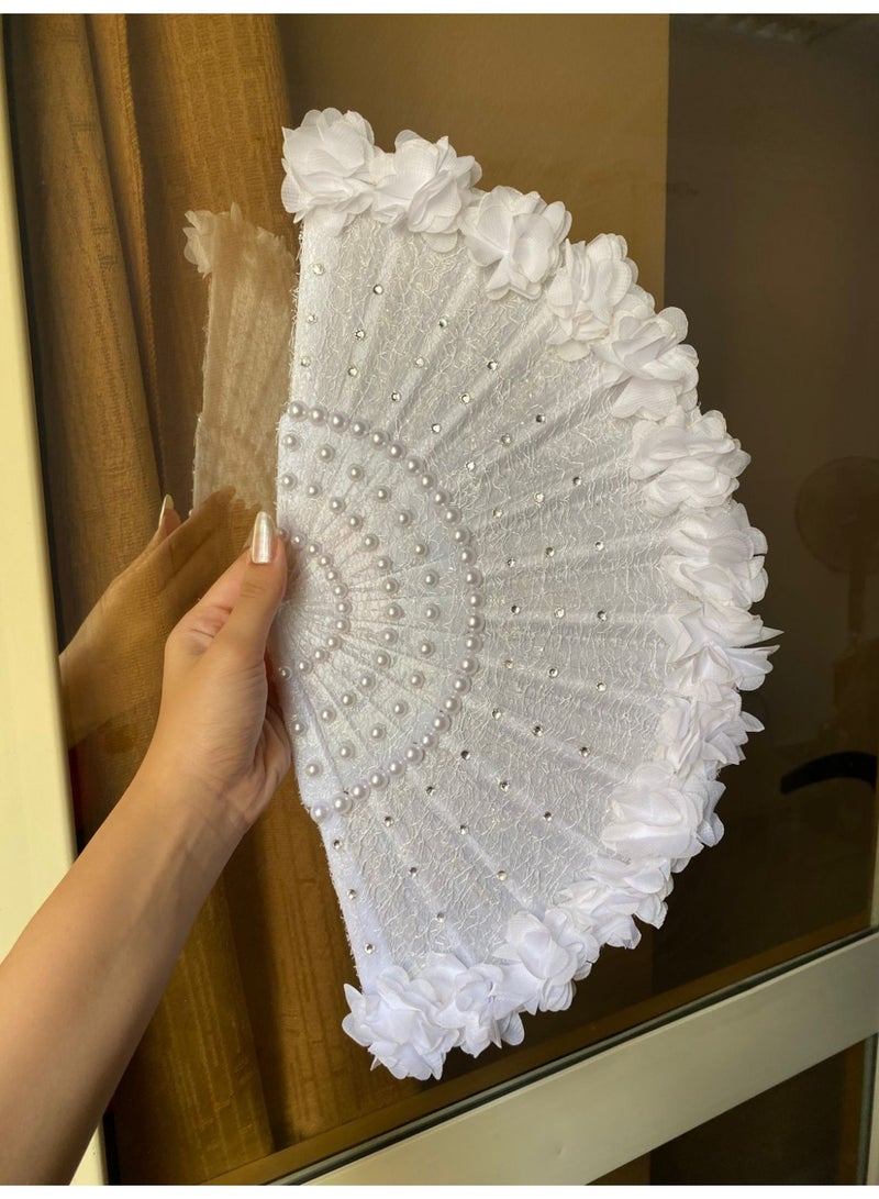 Luxury White Bridal Fan - Adorned with sparkling rhinestones and delicate roses, this unique and elegant piece will add a magical touch to the bride's look on her special day. - Image 3