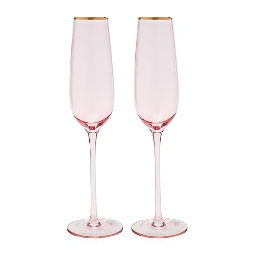 Vikko Champagne Flutes 85 Ounce Toasting Champagne Flute Pink with Gold Rim Crystal Clear Champagne Glasses Set of 2 Elegant Sparkling Wine Glasses