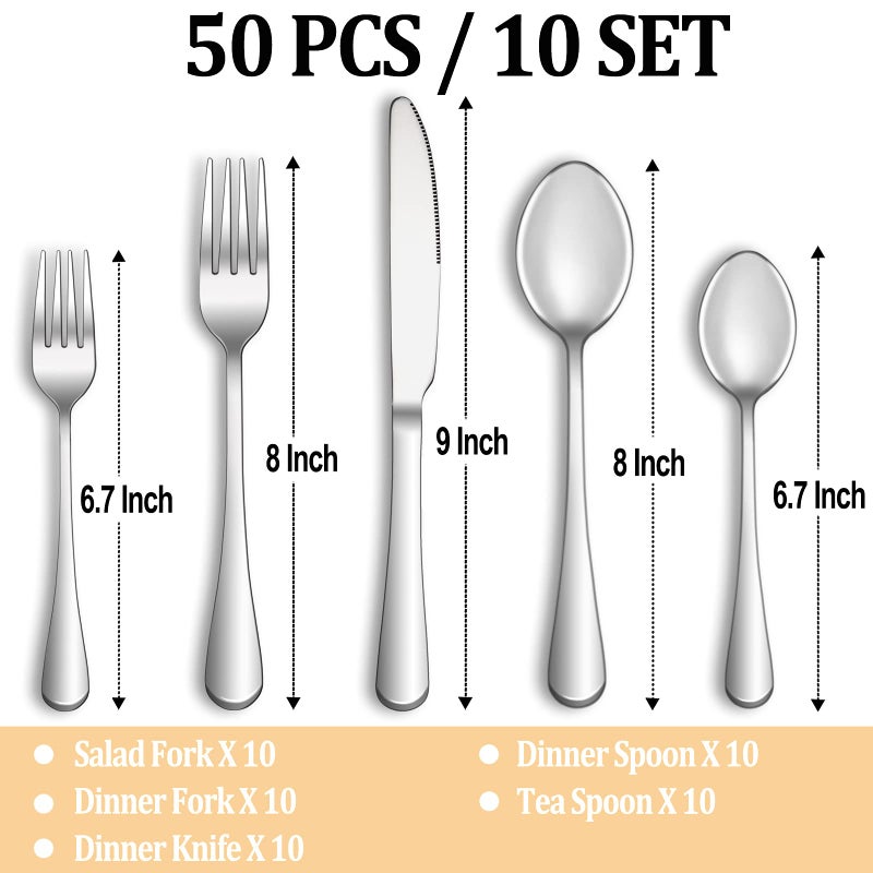 MUTNITT 50 Piece Silverware Set Service for 10,Premium Stainless Steel Flatware Set,Mirror Polished Cutlery Utensil Set,Durable Home Kitchen Eating Tableware Set,Include Fork Knife Spoon Set,Dishwasher Safe - Image 2