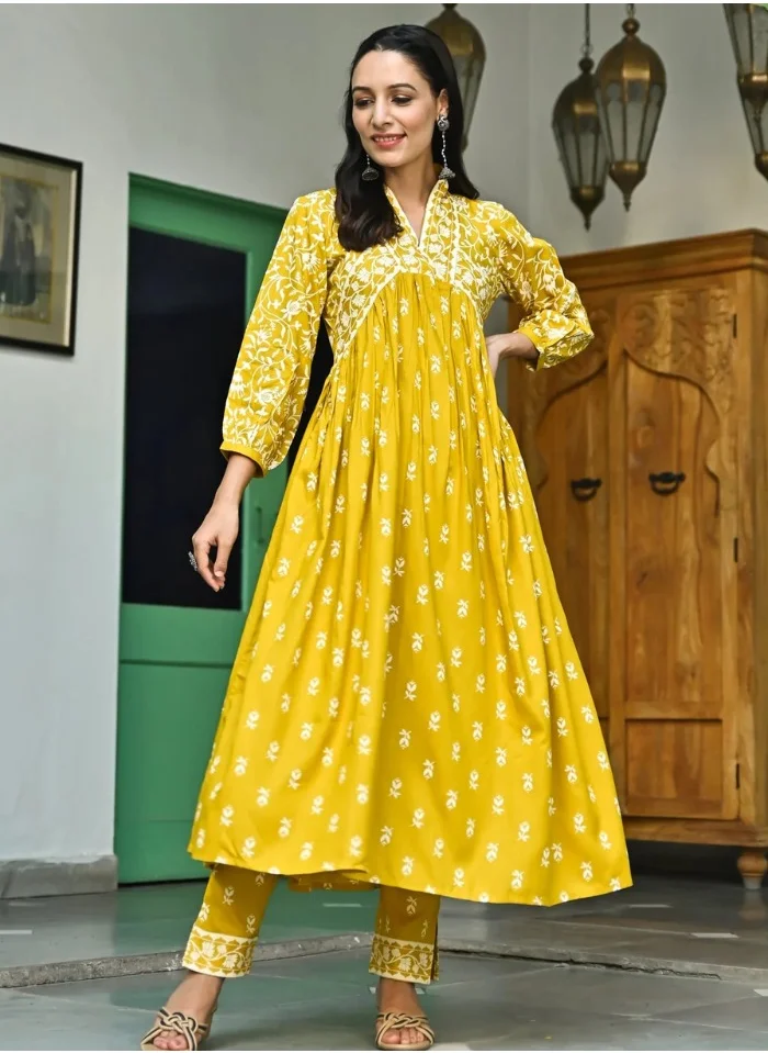 ZERESOUQ Mustard Floral Jaal V-Neck Kurta & Pant Set