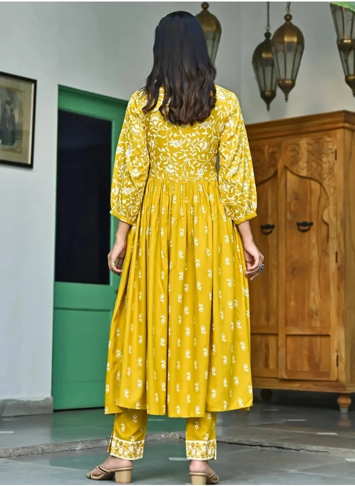 ZERESOUQ Mustard Floral Jaal V-Neck Kurta & Pant Set