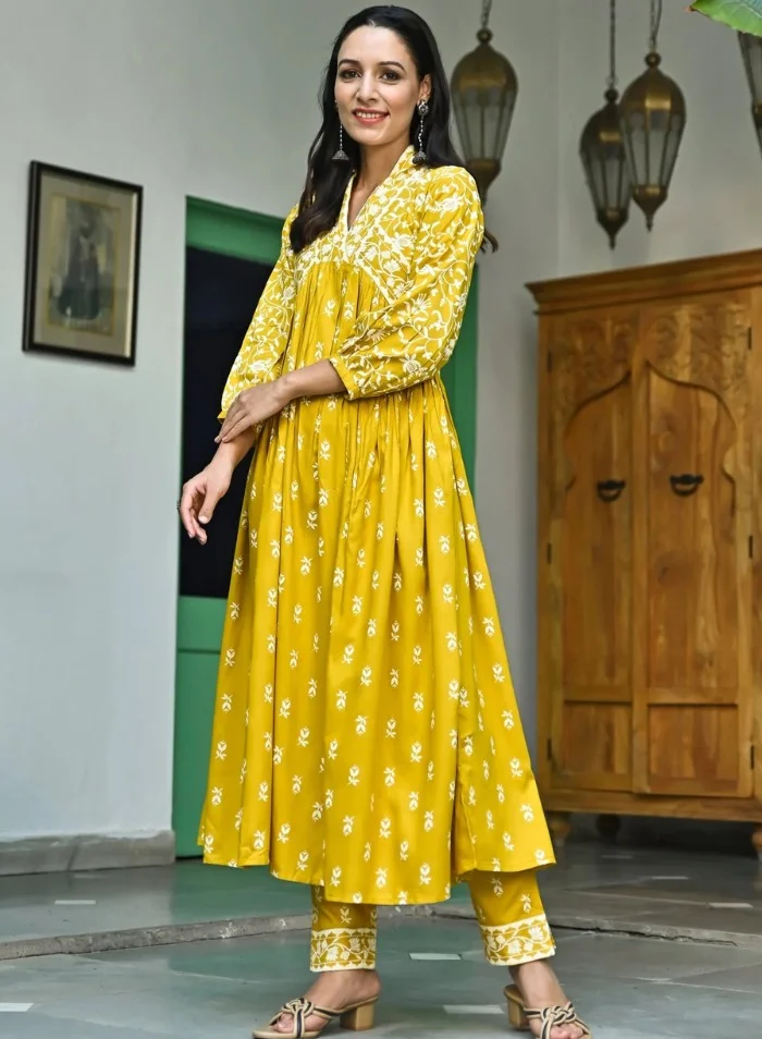 ZERESOUQ Mustard Floral Jaal V-Neck Kurta & Pant Set
