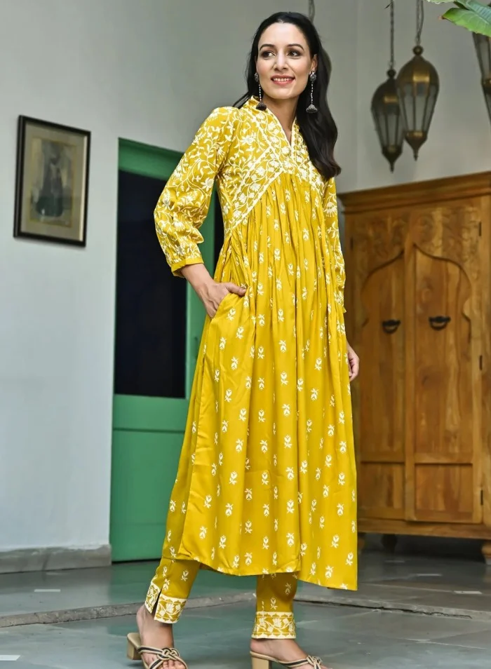 ZERESOUQ Mustard Floral Jaal V-Neck Kurta & Pant Set