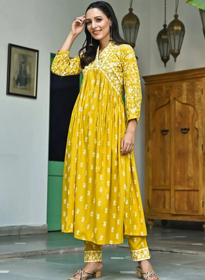 ZERESOUQ Mustard Floral Jaal V-Neck Kurta & Pant Set