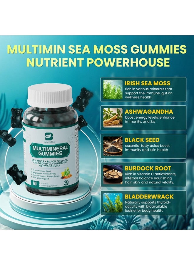 B BEWORTHS Sea Moss Black Seed Oil Ashwagandha Gummies, Irish Sea Moss Multimineral Supplement with Turmeric, Magnesium, Chlorophyll, Elderberry, Manuka Honey, Bladderwrack, Burdock Root, Vitamin - 60 - Image 3