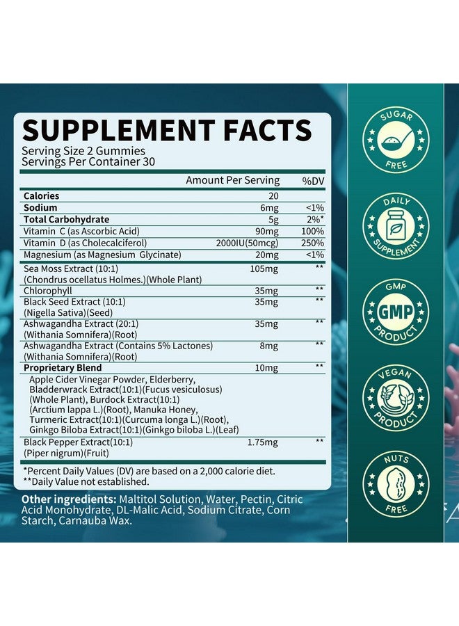 B BEWORTHS Sea Moss Black Seed Oil Ashwagandha Gummies, Irish Sea Moss Multimineral Supplement with Turmeric, Magnesium, Chlorophyll, Elderberry, Manuka Honey, Bladderwrack, Burdock Root, Vitamin - 60 - Image 2