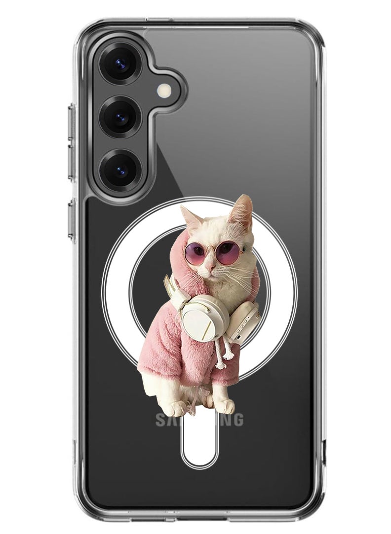 Theodor Magnetic Case for Samsung Galaxy S25 Plus 6.7-inch Compatible with MagSafe Wireless Charging, Shockproof Phone Bumper Cover White Cat - Image 1