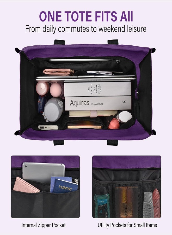 Becokan Large Tote Bag for Women Waterproof with 12 Pockets Top Zipper Closure Utility Teacher Nurse Bags for Work School, Purple, Large - Image 3