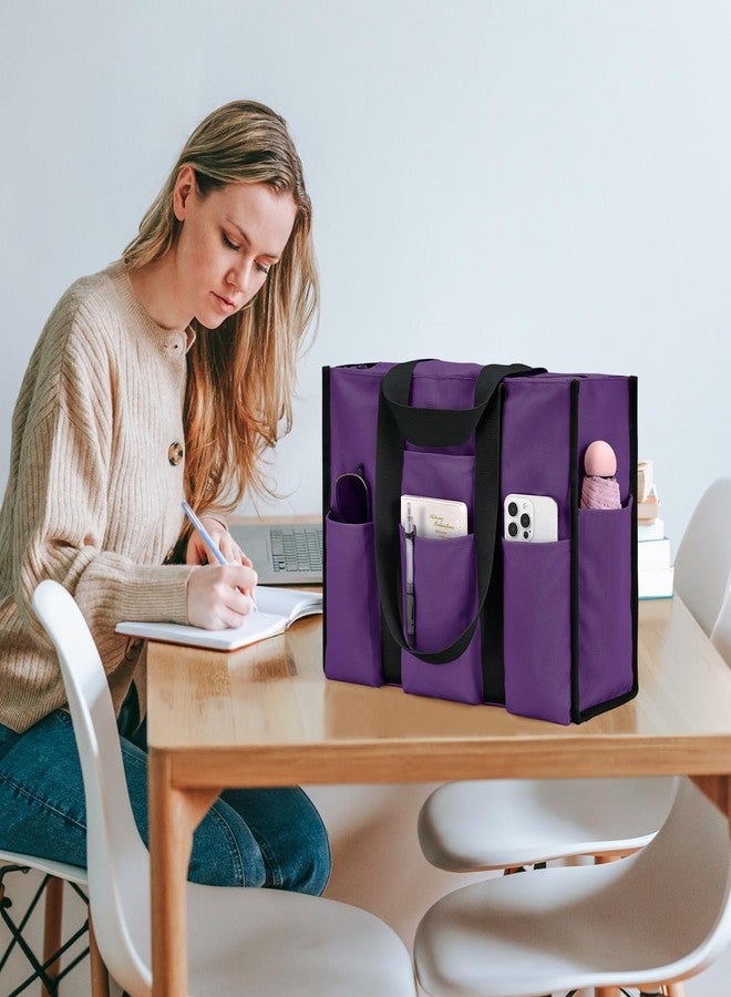 Becokan Large Tote Bag for Women Waterproof with 12 Pockets Top Zipper Closure Utility Teacher Nurse Bags for Work School, Purple, Large - Image 2