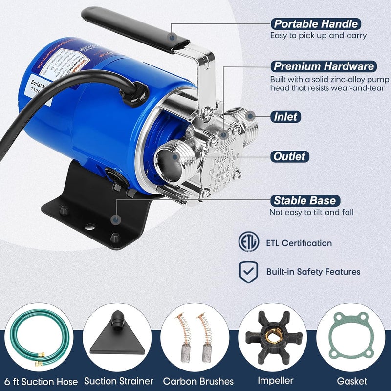 Techome Water Pump, 115V 1/10HP 330GPH Water Transfer Utility Pump, With ON/OFF Switch And Suction Hose Kit. - Image 3
